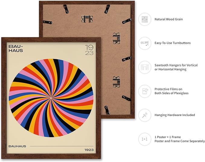 Poster Master Bauhaus Poster - Spiral Colors Print - Geometric ART - Abstract ART - Psychedelic Style - Chic Boho - Mid Century Modern - Living Room or Bedroom Decor - 16x20 Brown Framed