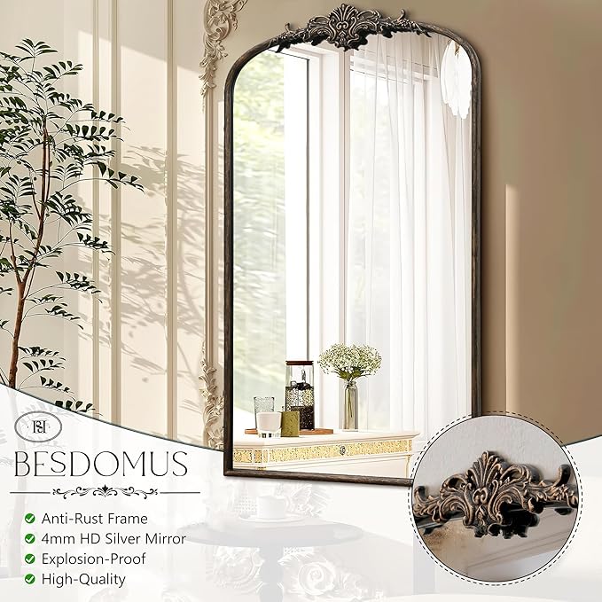 Besdomus Vintage Black Arched Mirror: 24"x42" Large Arch Black Antique Wall Mounted Mirror - Traditional Ornate Home Decor for Living Room/Entryway/Fireplace/Bathroom - Idea for Young Couples