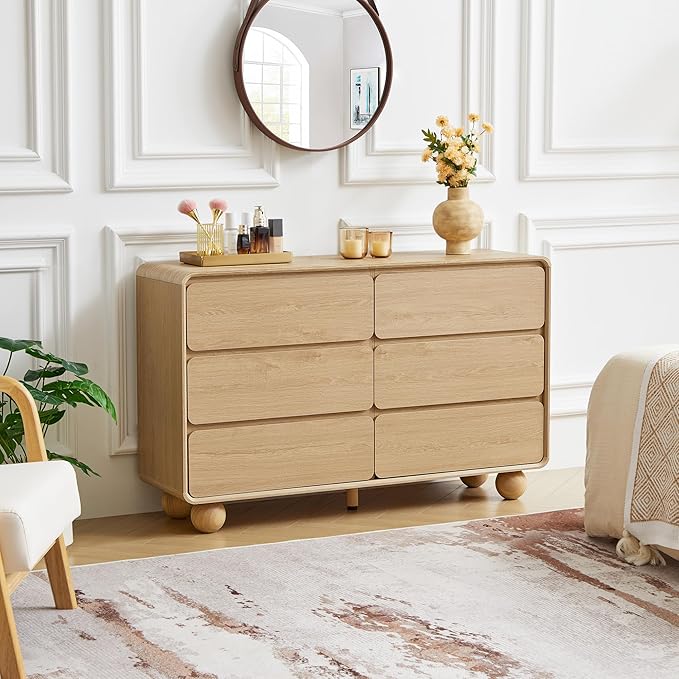AVZEAR Modern 6 Drawer Dresser for Bedroom, 48" Wide Wooden Dresser Chest of Drawers, Curved Profile Design, Closet Clothes Storage Organizer for Kids Bedroom, Living Room, Nursery, Natural Color