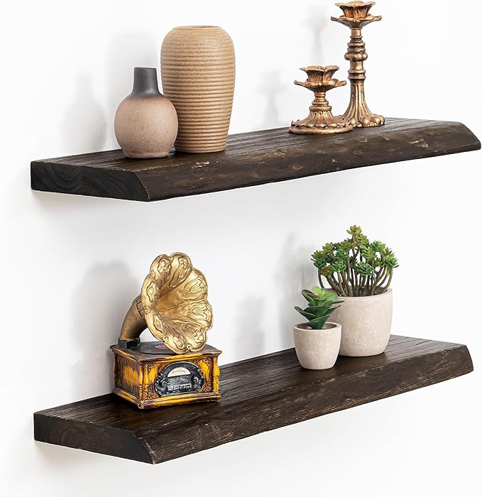 Extra Deep 24" Long Live Edge Rustic Floating Shelves for Wall, Solid Wood Wall Shelves with Invisible Bracket Mount for Living Room Bathroom Bedroom Kitchen, Set of 2, Natural