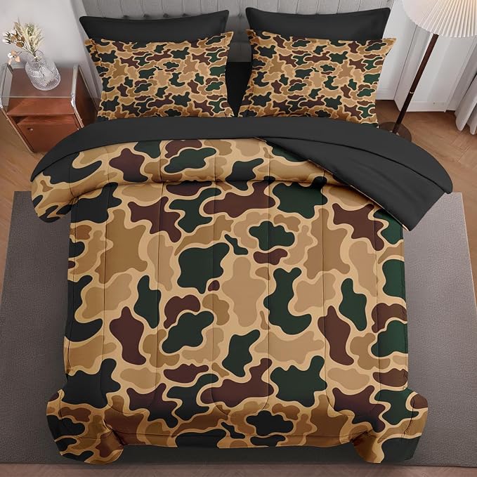 7Pcs Comforter Set King Size, Brown Camouflage Camo Hunting Hunter, Bedding Decor Wood Green Desert Army Military Bedroom Bed Set Flat Sheet Fitted Sheet Pillowcases Shams for Kids Adults