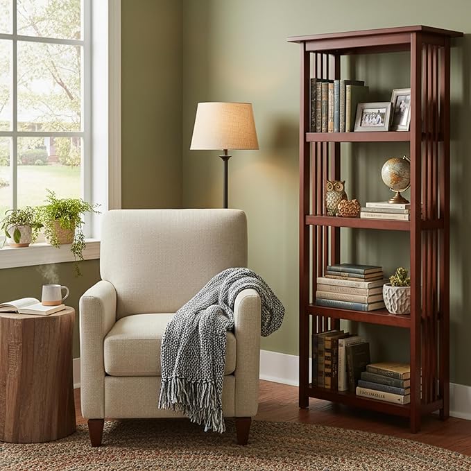 Alaterre Furniture Mission 4-Tier Bookcases with Adjustable Shelves – Mid-century Modern 60-Inch Wood Bookshelf for Living Room, Bedroom or Home Office (Cherry)