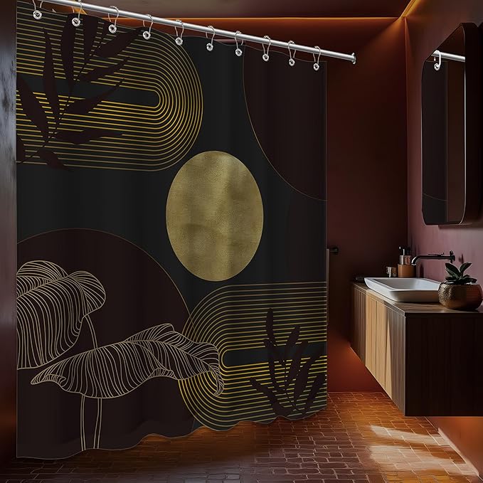 Black Dark Red and Gold Shower Curtain Burgundy Modern Shower Curtains for Bathroom Decor Boho Mid Century Bath Curtain Set, Waterproof Fabric with Hooks 60 x 72 Inch