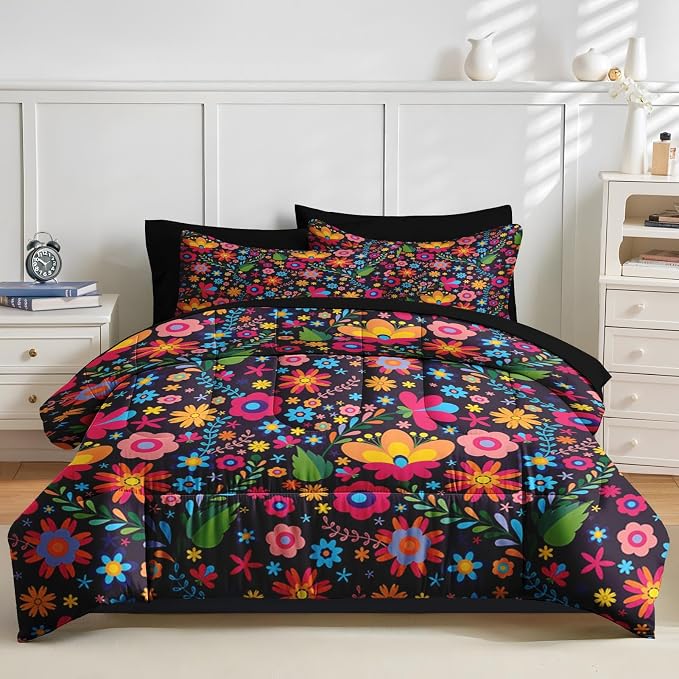 Nesker 7 Pcs Comforter Set Queen Size, Mexican Floral Flower Bedding Set for Kids and Adults, Retro Red Beautiful Sheets Bed Sheet Sets with Fitted Sheet 2 Pillowcases & 2 Shams