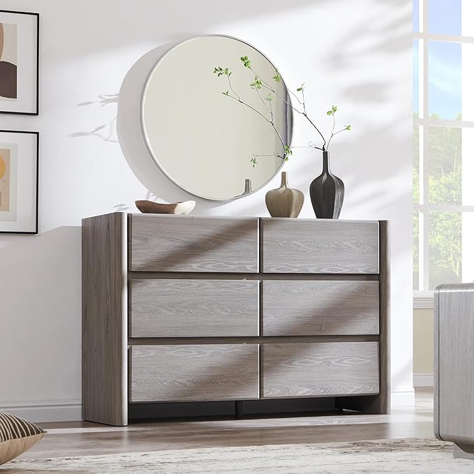 Modern 6 Drawers Dresser for Bedroom, 47" Wide Dresser w/Large Storage & Rounded Corner, Wood Handleless Chests of Drawers w/Natural Texture for Bedroom, Hallway, Living Room-Light Grey