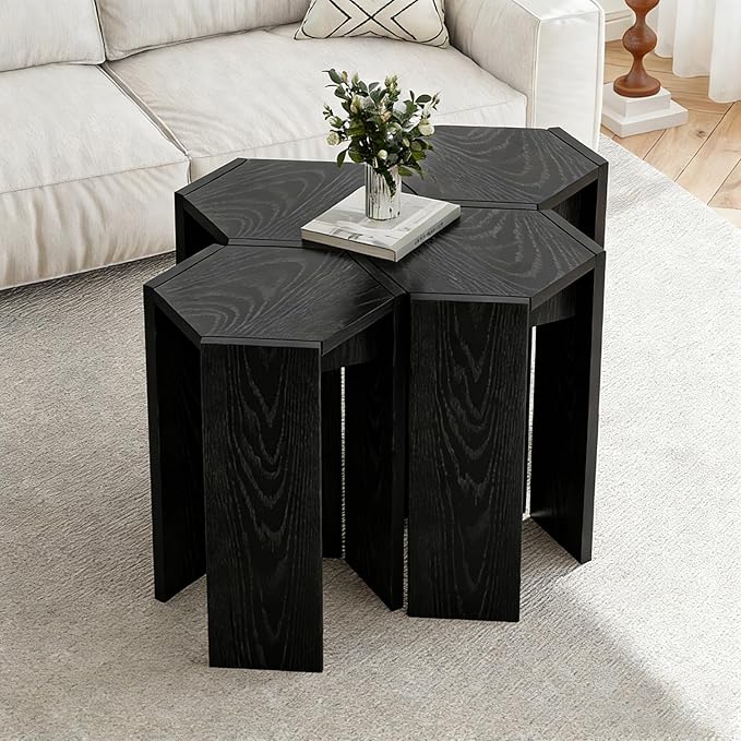 Solid Wood Nesting Coffee Tables (2 Sets of 2), 4-Piece Modular Living Room Table Set with Multiple Layouts, for Living Room Layout - Black - 12.2" L x 12.2" W x 16.7" H