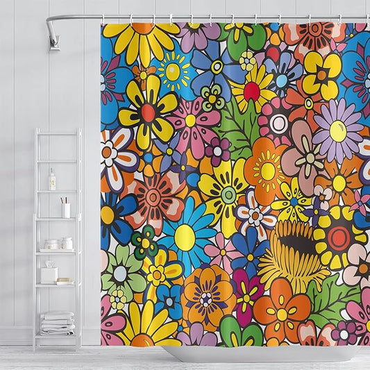 Bohemia Colorful Flowers Bathroom Shower Curtain Funky Retro Hippie 60s 70s Aesthetic Washable Polyester Durable Fabric Home Shower Curtain with Hooks, 72x96 Inch