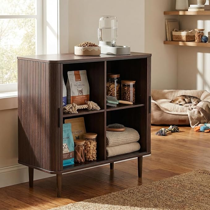 AKMAKM 35" Fluted Accent Buffet Cabinet, Walnut Small Storage Sideboard with Sliding Door, Mid Century Modern Credenza with Solid Wood Leg, Wine Coffee Bar Console Table for Kitchen, Entryway, Living