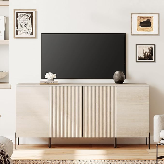 WAMPAT Fluted Buffet Cabinet with Storage, 61.5" Large Sideboard Cabinet with 4 Doors, Modern Buffet Table Coffee Bar Wine Bar Storage Organizer for Kitchen, Dining Room, Beige