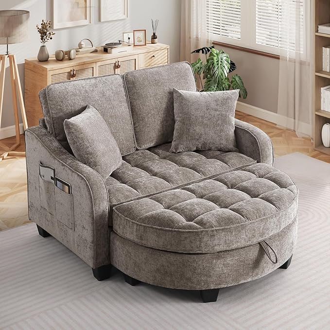 Oversized Chaise Lounge Chair Indoor with Ottoman, Chenille Tufted Comfy Loveseat Sofa Chair with Adjustable Backrest, Fluffy Recliner Sofa, Convertible Couch Sleeper Bed for Living Room(51"W, Brown)