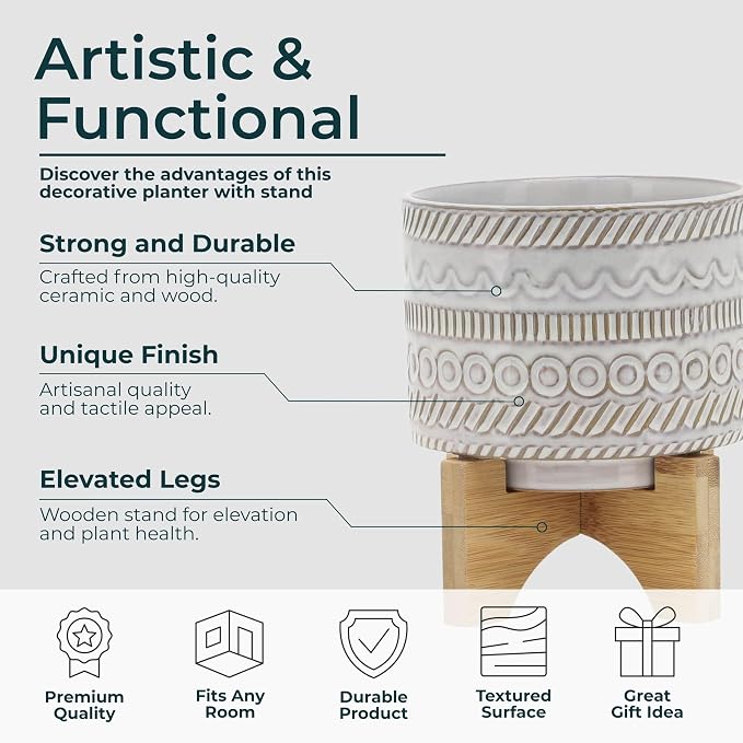 Embossed Ceramic Planters with Wood Stand for Flower Pots Home Decor Pots for Entryway, Tabletop, and Garden - Small Raised Container with Stand for Indoor and Outdoor Plants - 8", Ivory & Tan