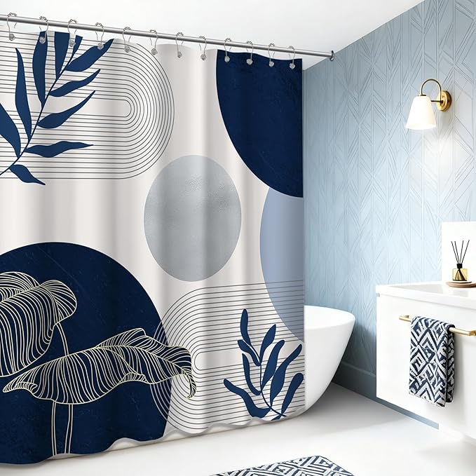 Navy Blue and White Shower Curtain Mid Century Modern Dark Blue Boho Shower Curtains for Bathroom Decor MCM Mens Cool Bath Curtain Set, Waterproof Fabric with Hooks 70 x 78 Inch