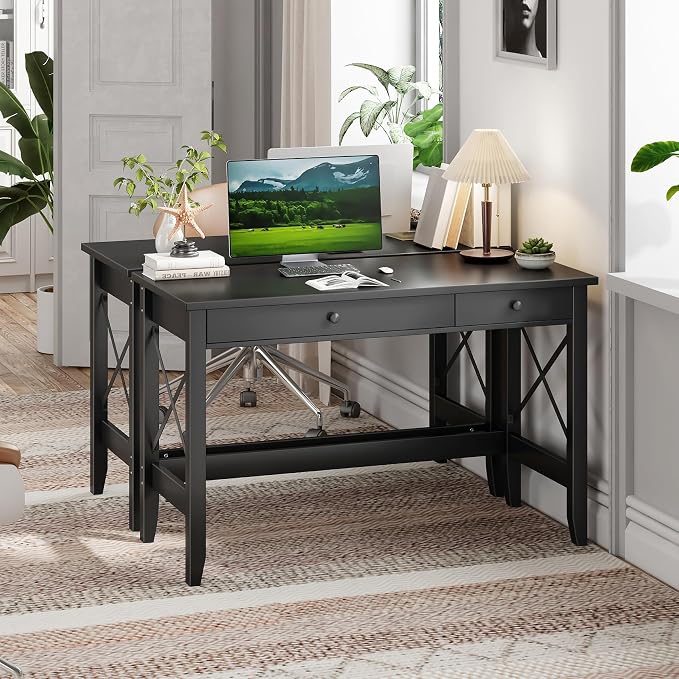 JSB 43.3'' Black Computer Desk for Home Office,Farmhouse Executive Desk with 2 Drawers,Study Writing Table Storage Cabinet,Makeup Vanity Desk for Bedroom (Black, 43.3 inch)