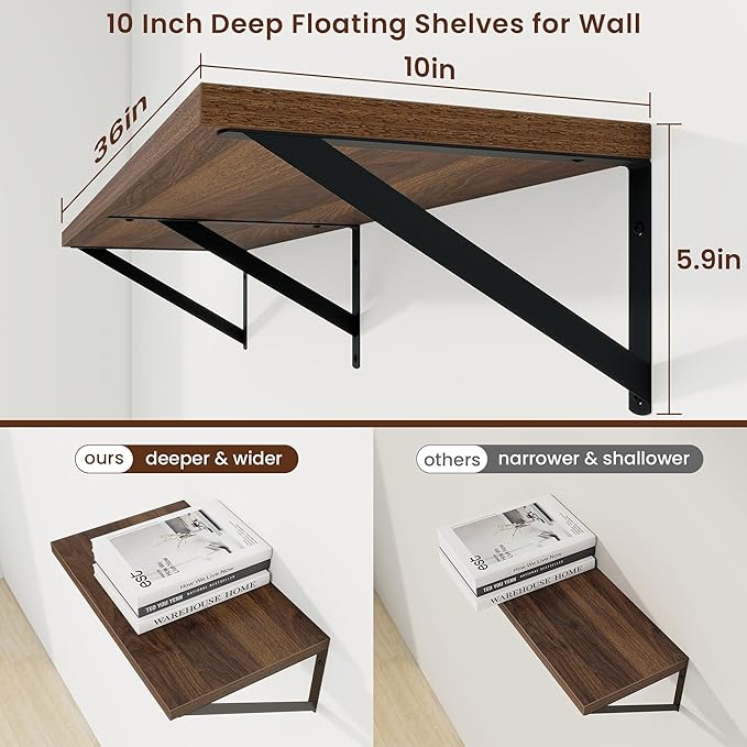 Axeman Deep Floating Shelves | 36 Inch Walnut Wall Shelves Set of 2 | 10 Inch Deep Wood Floating Shelves for Wall | 36" W x 10" D Walnut Shelves for Living Room Bathroom Kitchen
