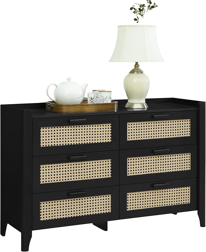 ELISA HOME Rattan-Inspired 6 Drawer Dresser for Bedroom, 47.2″ W Modern Wide Chest of Drawers, Wood Storage Organizer for Clothes, Entryway, Hallway, Nursery or Living Room, Black