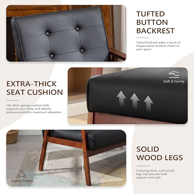 JIASTING Mid-Century Retro Modern Accent Chair Wooden Arm Upholstered Tufted Back Lounge Chairs Seat Size 24.4" 18.3" (Deep) (Square Leg Black)