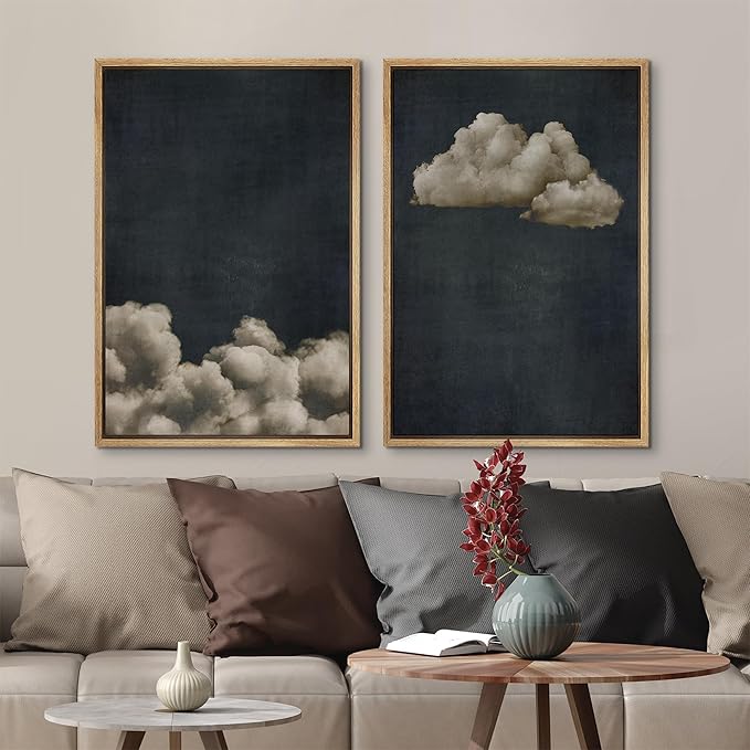 MUDECOR Framed Canvas Print Wall Art Vintage Cloudscape Dark Moody Sky with Floating Clouds Illustrations Modern Art Decorative Chic for Living Room, Bedroom, Office - 16"x24"x2 Natural