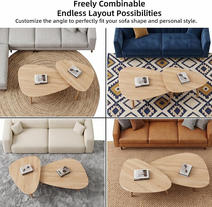 Nesting Coffee Table Set of 2-Mid Century Modern Wooden Coffee Table,Guitar Pick Stacking Tables with Solid Wood Legs,Small Coffee Tables for Small Spaces,Living Room,Balcony (Natural)