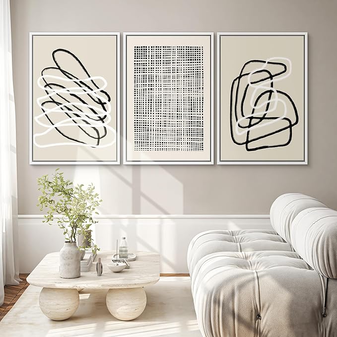 SIGNWIN Framed Canvas Print Wall Art Set Grunge Watercolor Paint Strokes Abstract Shapes Cozy Neutral Modern Art Decorative Boho Relax/Zen Nordic for Living Room, Bedroom, Office - 24"x36"x3 White