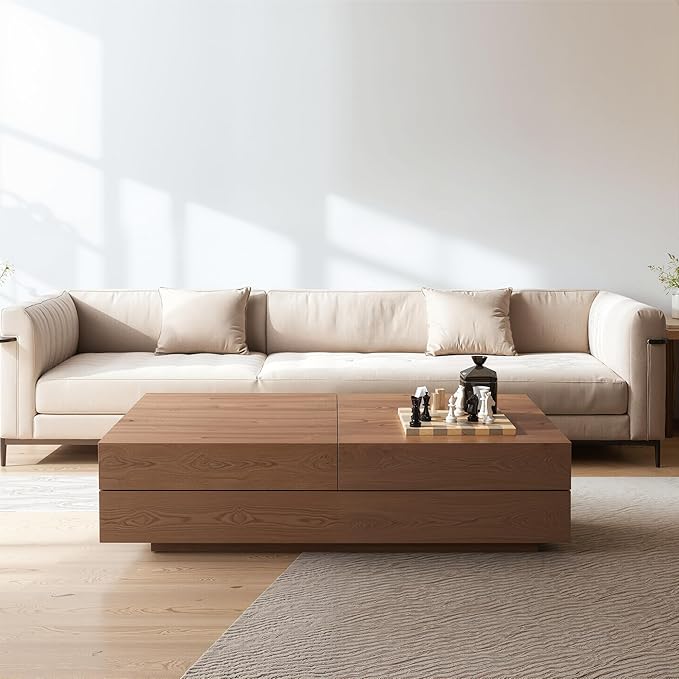 Mid-Century Modern Farmhouse 47.2-81.8" Expandable Coffee Table，Adjustable Center Table with Large Storage for Living Room, Walnut
