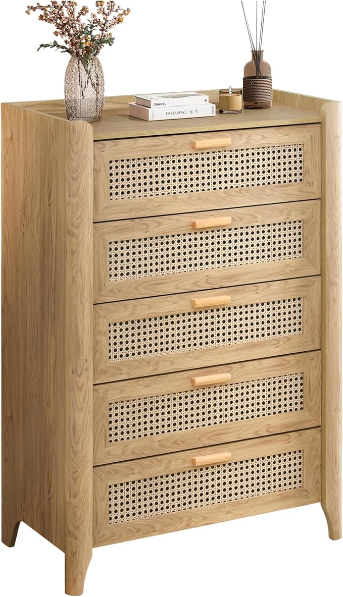 ELISA HOME Rattan-Inspired 5 Drawers Dresser for Bedroom, 47.2" Tall Dressers, Wood Drawer Organizer for Clothes, Entryway, Hallway, Nursery or Living Room, Oak