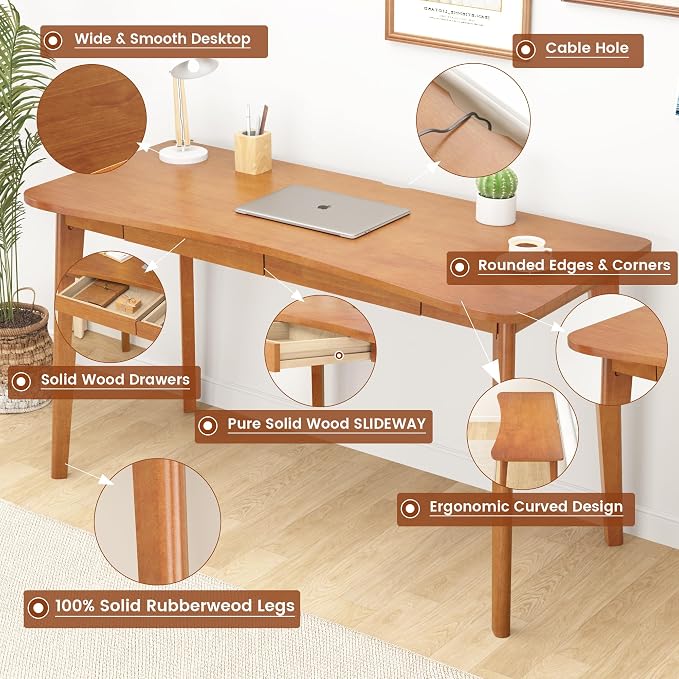 100% Solid Wood Desk with Drawers - 55 x 24 Inch Home Office Computer Desks, Modern Writing Desk with Drawers, Simple Study Table Makeup Vanity - Walnut Vintage Desks