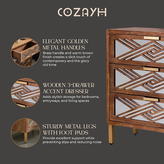 COZAYH 3-Drawer Accent Dresser, Geometric Mirror Front Drawer Organizer Chest with Metal Handles & Legs - Modern Living Room, Entryway, or Bedroom Furniture