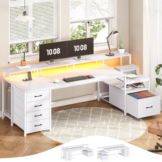 SEDETA White Computer Desk with 5 Drawer & Power Outlet, 75'' Home Office Desk with File Drawer, Storage Shelves, Printer Cabinet and Monitor Shelf, Gaming Desk with Led Lights, 23.6" W Desktop