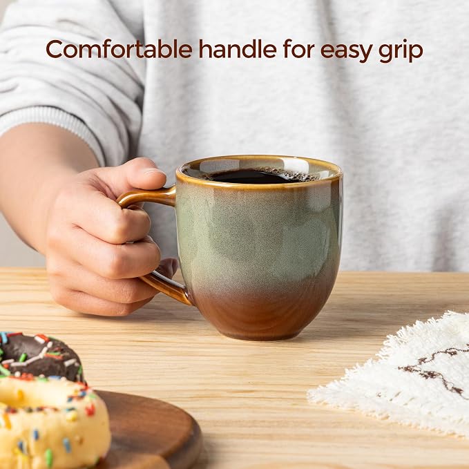theterra Ceramic Coffee Mugs Set of 6, 12oz Handmade Coffee Cups with Handle for Latte, Tea, Milk, Beer, Hot Cocoa, Sage Umber