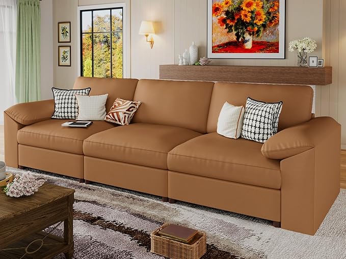 EASE MOOSE Deep Seat Sectional Couch, Scratch Resistant Faux Leather Material, 3-Seat Oversized Modular Sofa for Living Room,Modern Comfy Sofas for Small Spaces, Brown