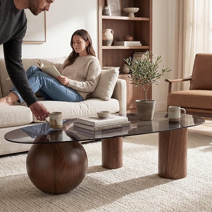 55" Black Glass Top Cloud Coffee Table, Modern Irregular Coffee Table with Walnut Finished Legs, Modern Indoor Accent Center Table for Living Room Bedroom
