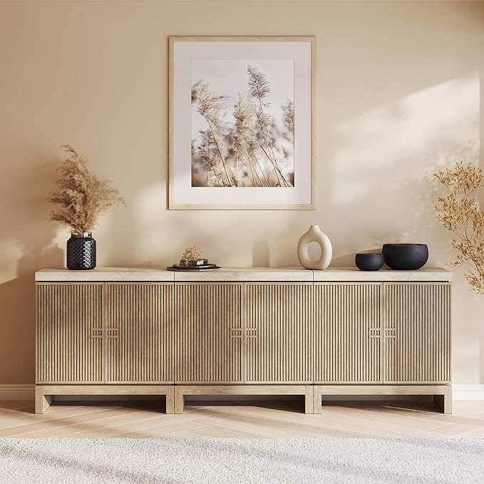 BELLEZE Set of 3 Anton 2 Door Sideboard Buffet Cabinet with Travertine-Look Top, Fluted Reeded Doors, Adjustable Shelf Storage Credenza for Dining Room Living Room Entryway, Travertine Greige