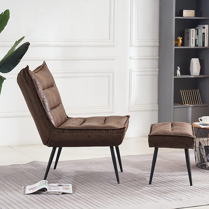 MCombo Wingback Accent Chair with Ottoman, Modern Bronzing Fabric Upholstered Club Chair for Small Space, Living Room 4400 (Dark Brown)