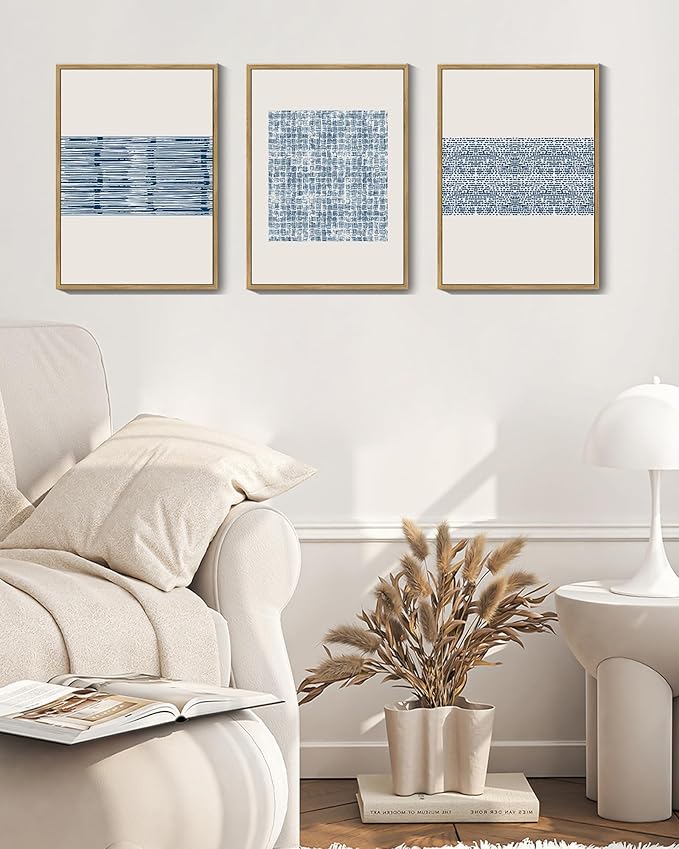 PHOPAGO Blue Abstract Framed Wall Art Modern Boho Neutral Line Wall Decor Mid Century Minimalist Geometric Artwork Kitchen 11x14in Natural Framed