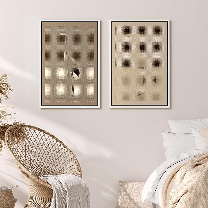 MUDECOR Framed Canvas Print Wall Art Bird Silhouette Modern Minimalist with Heron Crane Illustrations Modern Art Decorative Bohemian Colorful for Living Room, Bedroom, Office - 16"x24"x2 White