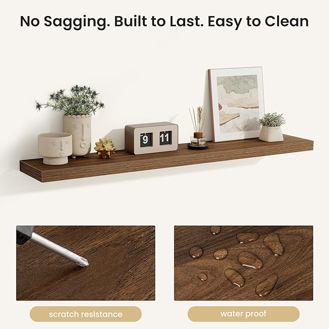 Fun Memories Rustic Wood Floating Shelves for Wall, Space-Saving Wall Mounted Shelves for Bathroom, Bedroom, Living Room and Kitchen, Stylish Storage & Display (Set of 2, Walnut, 48 in)