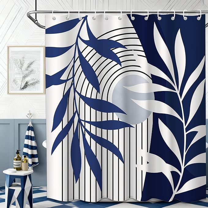 Navy Blue Shower Curtain Boho Mid Century Modern Blue and White Shower Curtain for Bathroom Decor Sets, Waterproof Fabric with Hooks, 70" W x 72" L