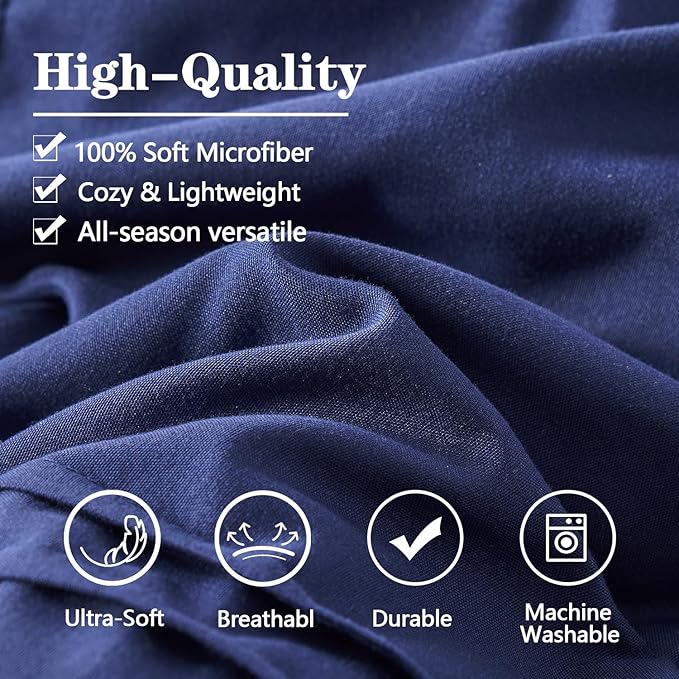 Yogeneg Queen Comforter Set 7 Piece Bed in a Bag,Grid Pinch Pleat Navy Blue Bedding Set,Striped Textured Soft Microfiber Comforter with Sheet Set,All Season Complete Bed Set(Navy Blue,Queen)
