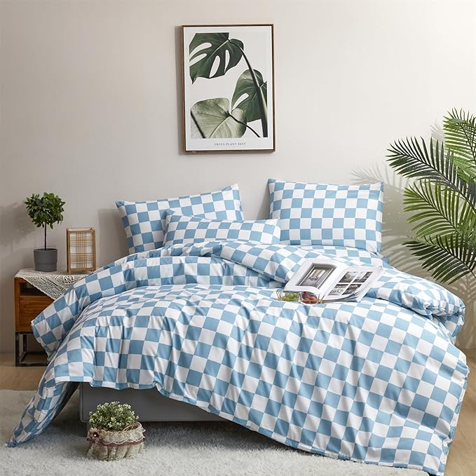 Pureant Blue and White Plaid Comforter Set Full Blue Checkerboard Grid Bedding Comforter Sets Blue Buffalo Grid Full Comforter for Women Men Soft Checkered Geomertic Full Size Comforter Sets