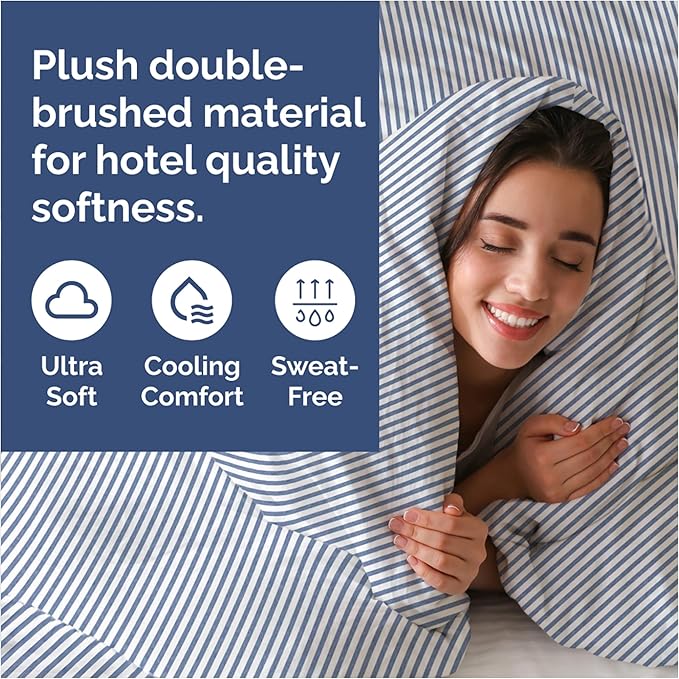 Duvet Cover Full Size - Extra Soft Full Size Duvet Cover - Lightweight & Breathable - Easy Care & Fade Free with Zipper Closures & Ties - 80" x 90" Inches - (Blue Stripes 2) Comforter Not Included