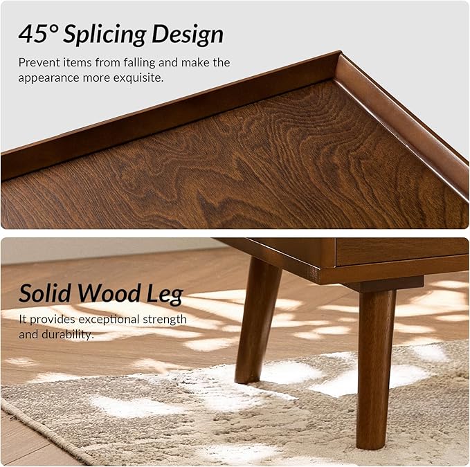 HULALA HOME 2 Drawer End Table with Pull-Out Shelf, Mid-Century Modern End Tables with Wood Legs, Wood Side Table with Charging Station(Walnut)