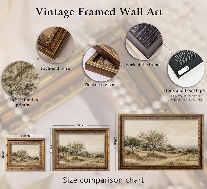 Vintage Gold Framed Olive Tree Landscape Wall Art - Retro Country Farmhouse Canvas Prints, Rustic Nature Scene Painting Prints Artwork for Living Room Bedroom Dining Room Decor，16x24in