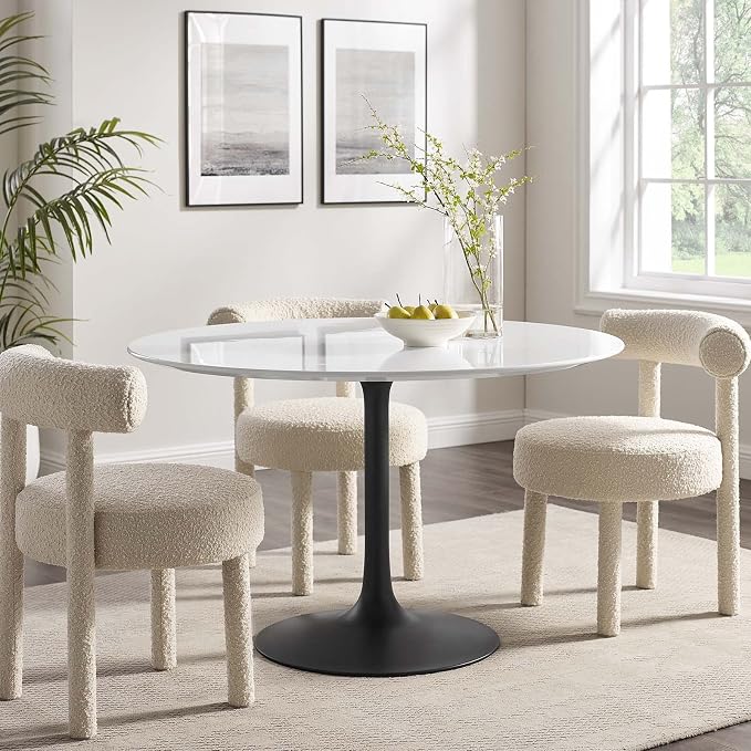 Modway Lippa 47" Round Wood Dining Table, White Top, Black Base