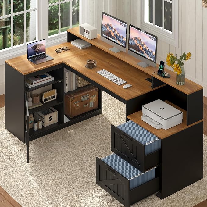 TVU Farmhouse L Shaped Desk with Drawers, 62.2" Home Office Desk with Storage Shelves and Power Outlet, L Shaped Computer Desk with Monitor Stand and Printer Shelf, Brown and Black