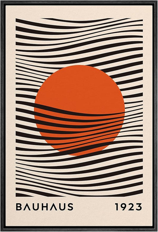 MUDECOR Framed Canvas Print Wall Art Mid-Century Bauhaus Red Sun & Black Waves Shapes Abstract Illustrations Modern Art Minimal Multicolor Relax/Calm for Living Room, Bedroom, Office - 16"x24" Black