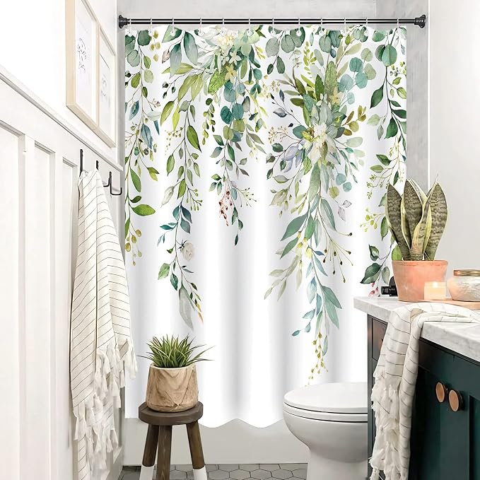 Green Eucalyptus Shower Curtain Watercolor Floral Plant Leaf Shower Curtains for Bathroom Sage Botanical Flower Waterproof Fabric Bath Curtain Decor with Hooks (Green, 72'' x 72'')
