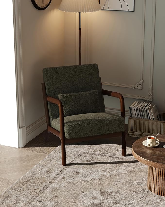 Garvee Mid-Century Modern Accent Chair, Sherpa Upholstery, Solid Wood Armchair with Removable Lumbar Pillow, Sturdy Reading Chair for Living Room, Bedroom, Guest Room, Easy Assembly, Green