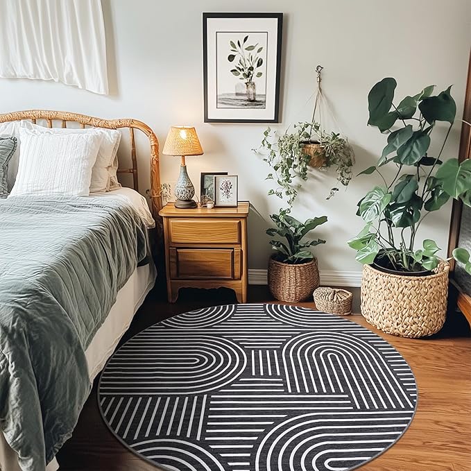 Washable Rug 6ft Area Rugs for Living Room, Abstract Rug for Bedroom, Soft Rainbow Non Slip Throw Rugs with Rubber Back, Low Pile Stain Resistant Boho Geometric Carpet for Dining Room,Black