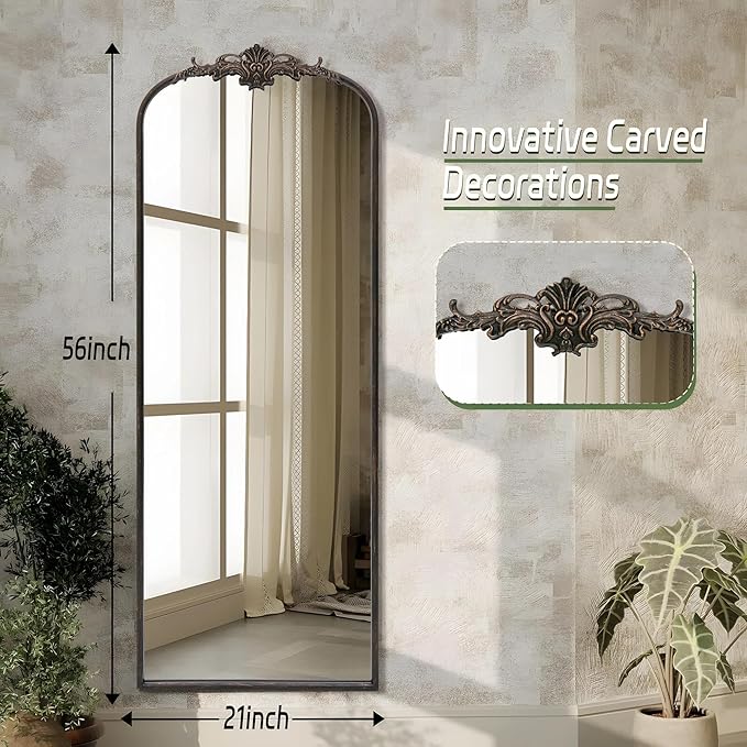 Besdomus Arched Mirror Full Length: 21"x56" Black Vintage Full Body Mirror - Floor Antique Baroque Traditional Ornate for Entryway/Cloakroom/Bedroom/Living Room - Home Decor for Homemakers
