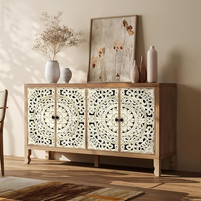 Buffet Cabinet with Storage, Accent Cabinet with 4 Carved Doors, Solid Wood Sideboard with Adjustable Shelf, Vintage Cabinets for Kitchen, Living Room, Entryway, White&Natural